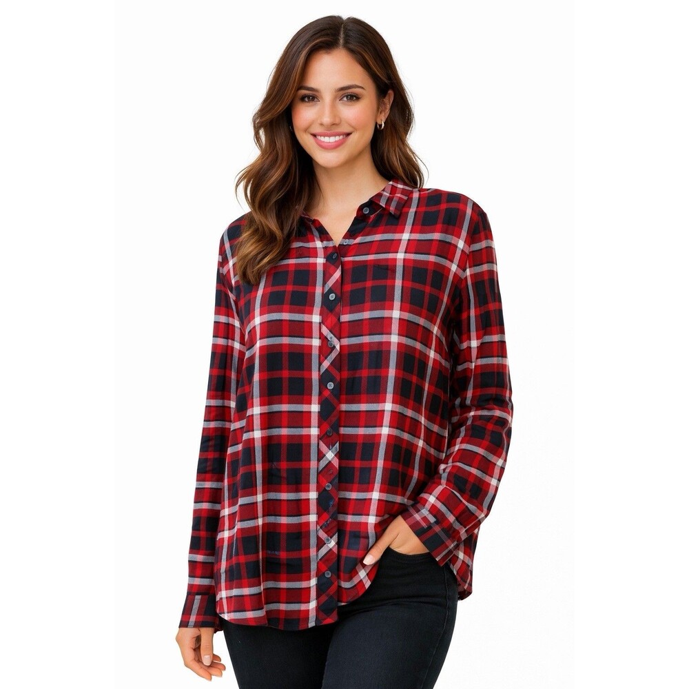 Talbots Women's L Red Plaid Polka Dot Long Roll Tab Sleeve Button Down Shirt Top